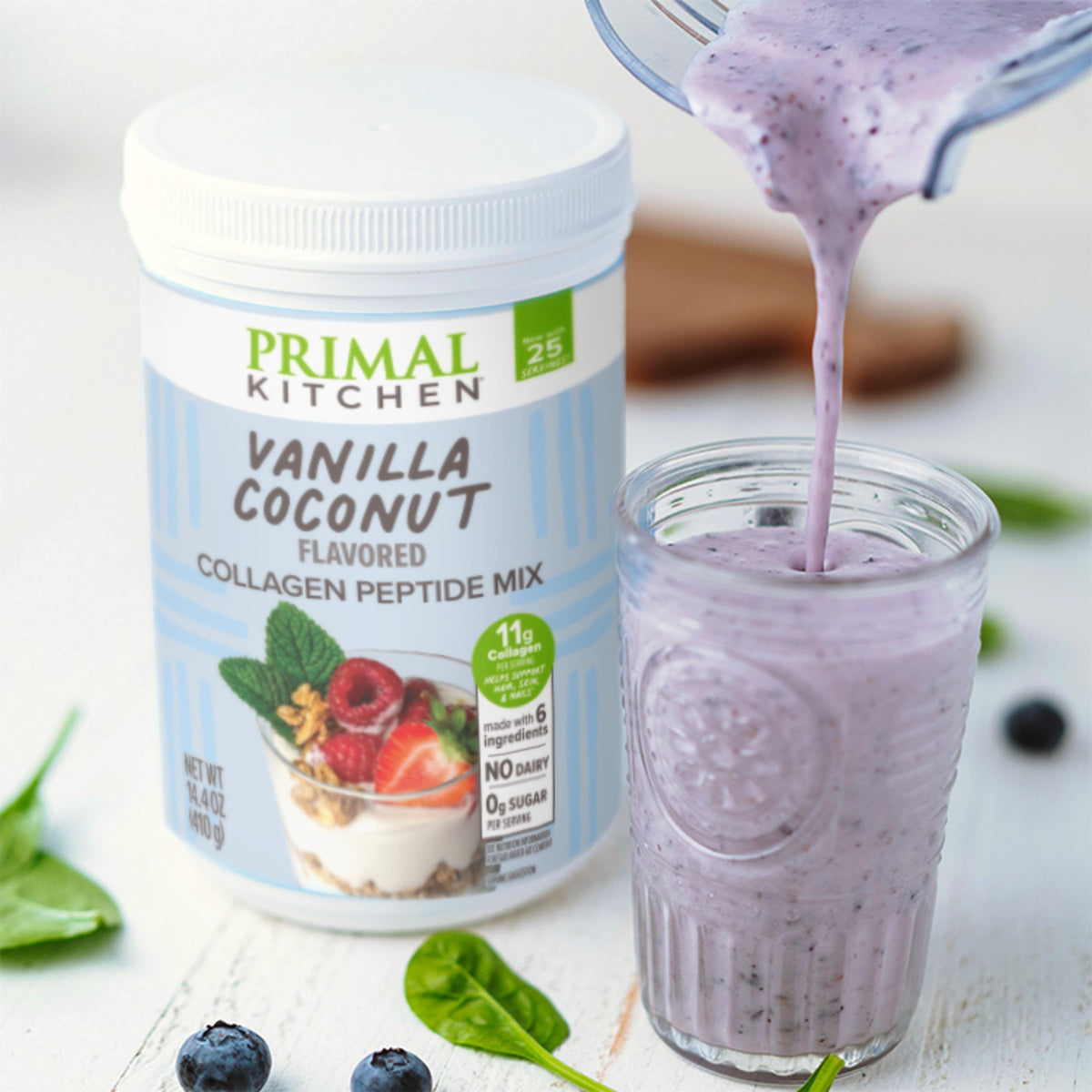 Primal Kitchen Mélange de Collagène Vanille 14,4 oz sur une table