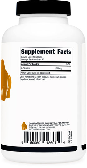 Primal L-Citrulline 180 capsules montrant la taille des gélules