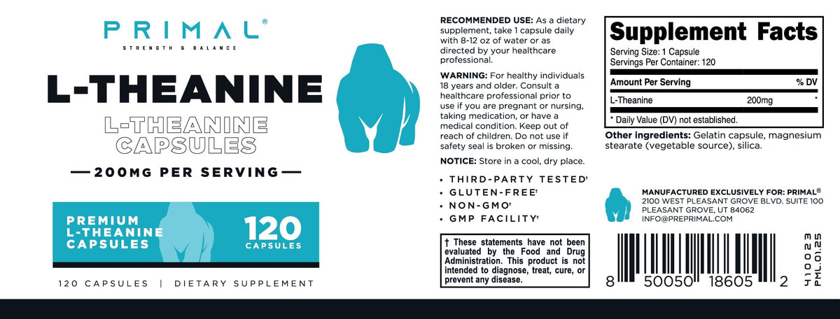 Primal L-Theanine 200mg avec étiquette et informations