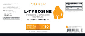 Primal L-Tyrosine 500mg, 180 capsules, étiquette détaillée