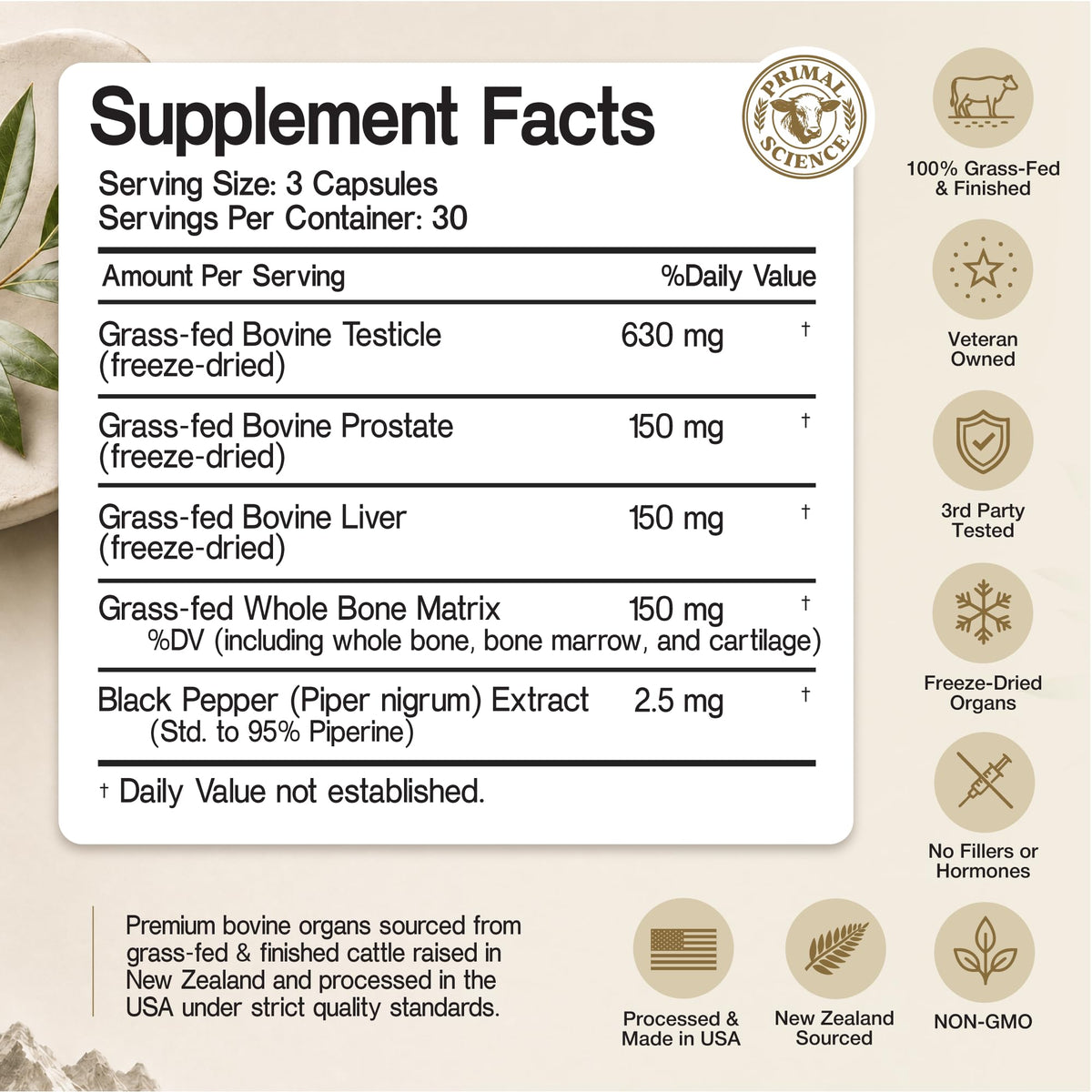 Primal Science Complément Alimentaire Testicules de Bœuf avec capsules ouvertes