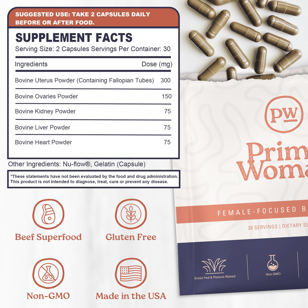 Primal Woman Foie de Bœuf 60 Capsules - capsules sur une table