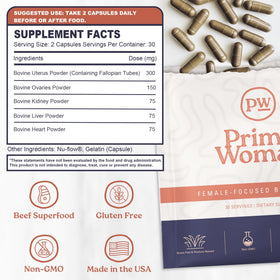 Primal Woman Foie de Bœuf 60 Capsules - capsules sur une table