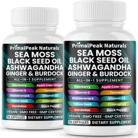 PrimalPeak Naturals Capsules de Mousse de Mer et Huile de Graines Noires, vue de face