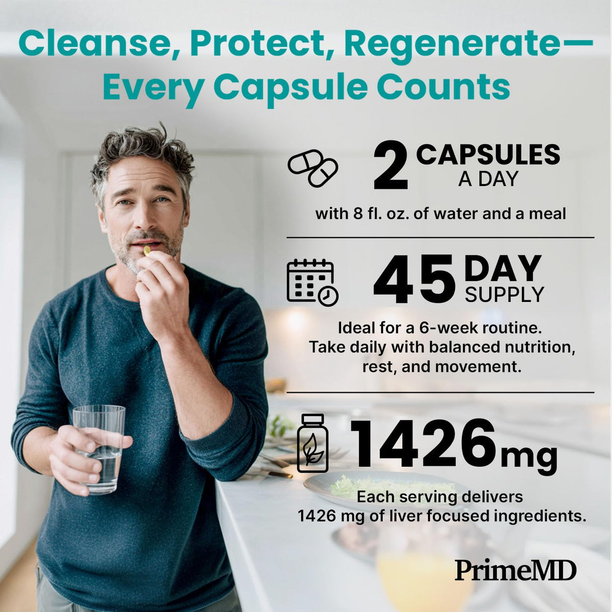 PrimeMD 32-en-1 Chardon-Marie avec un verre d'eau
