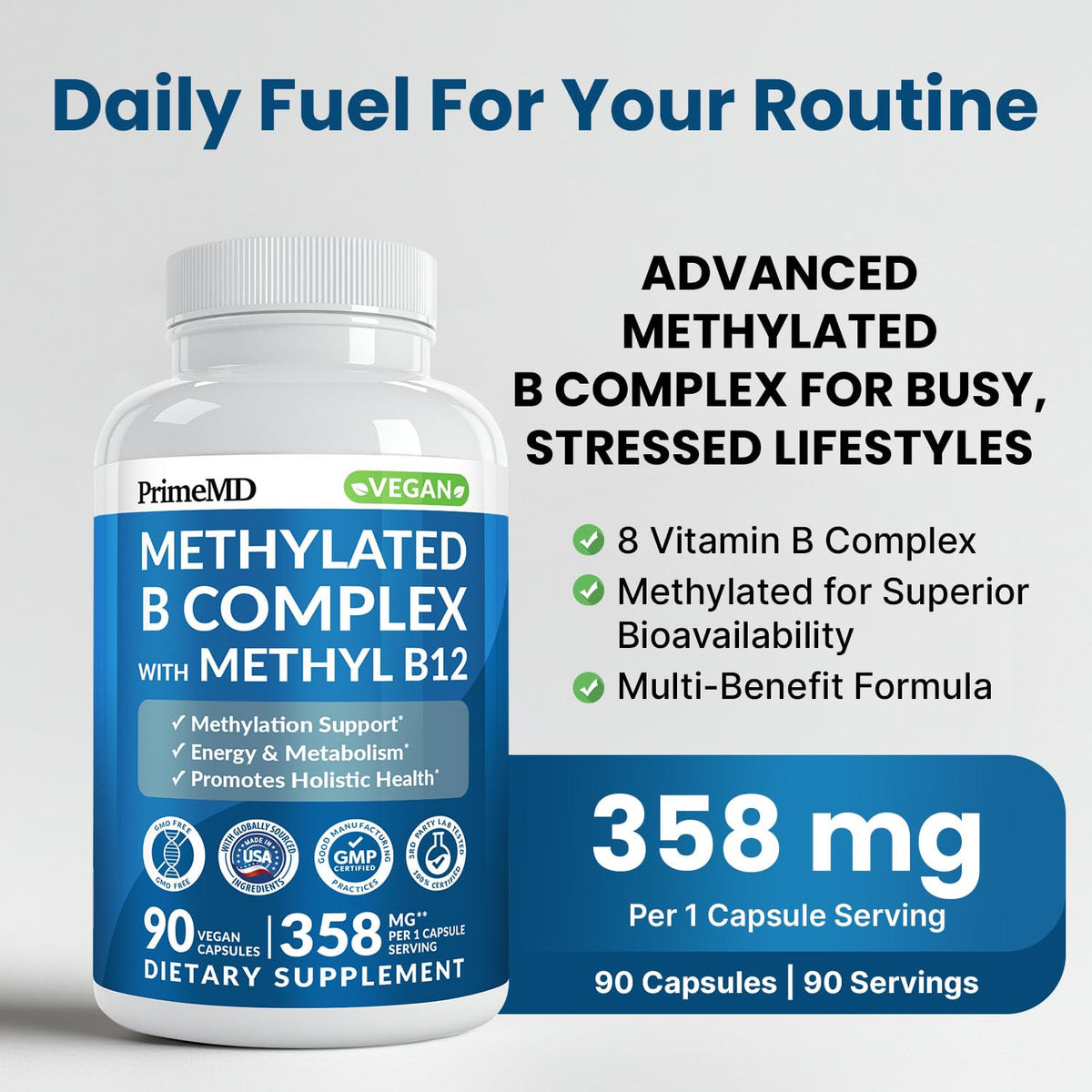 PrimeMD B Complexe Methylé 90 Capsules avec étiquette détaillée