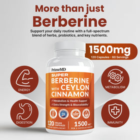 PrimeMD Berbérine 1500 mg avec Cannelle de Ceylan sur une table