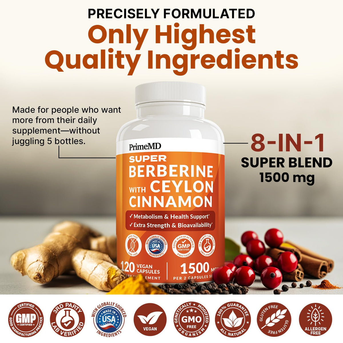 PrimeMD Berbérine 1500 mg capsules sur une surface blanche