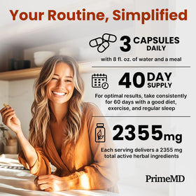 PrimeMD Cannelle de Ceylan 120 capsules près d'un verre d'eau