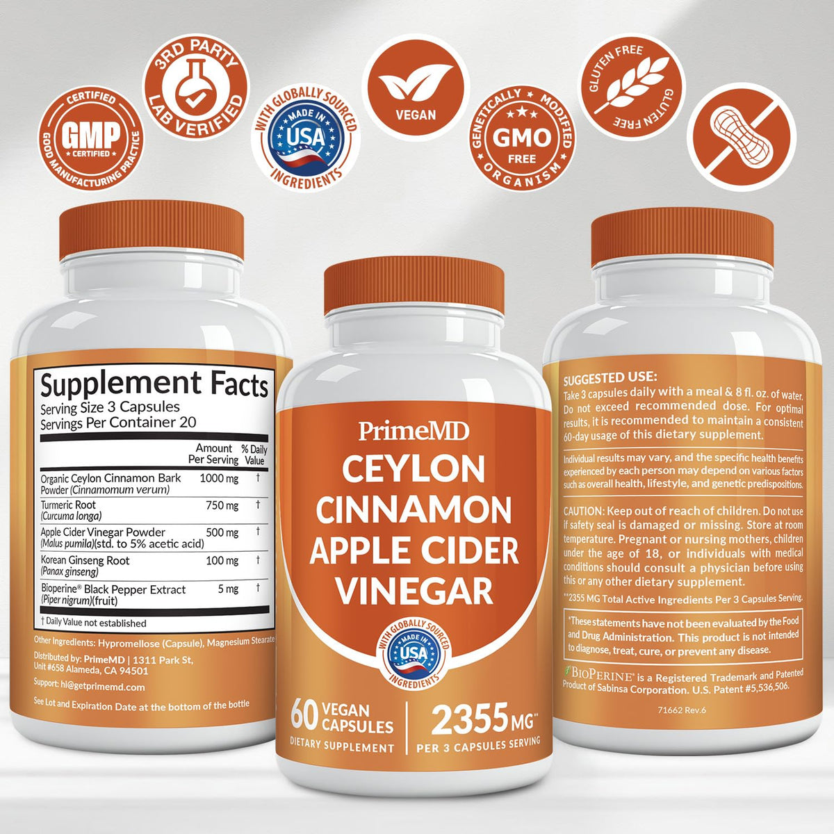 PrimeMD Ceylon Cinnamon 2355mg avec Vinaigre de Cidre, pot ouvert