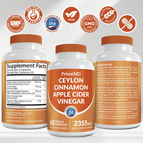 PrimeMD Ceylon Cinnamon 2355mg avec Vinaigre de Cidre, pot ouvert
