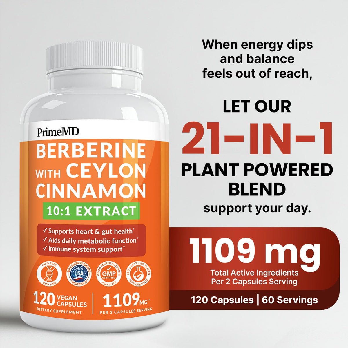 PrimeMD Complément Alimentaire Berbérine 21 en 1 avec Cannelle de Ceylan, vue arrière