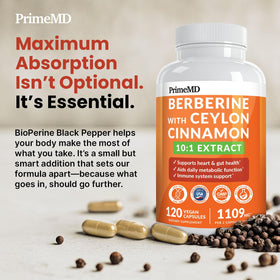 PrimeMD Complément Alimentaire Berbérine et Cannelle de Ceylan avec ingrédients à côté
