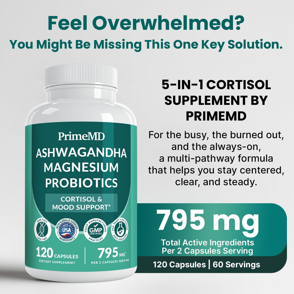 PrimeMD Complément Cortisol 120ct capsules sur une table