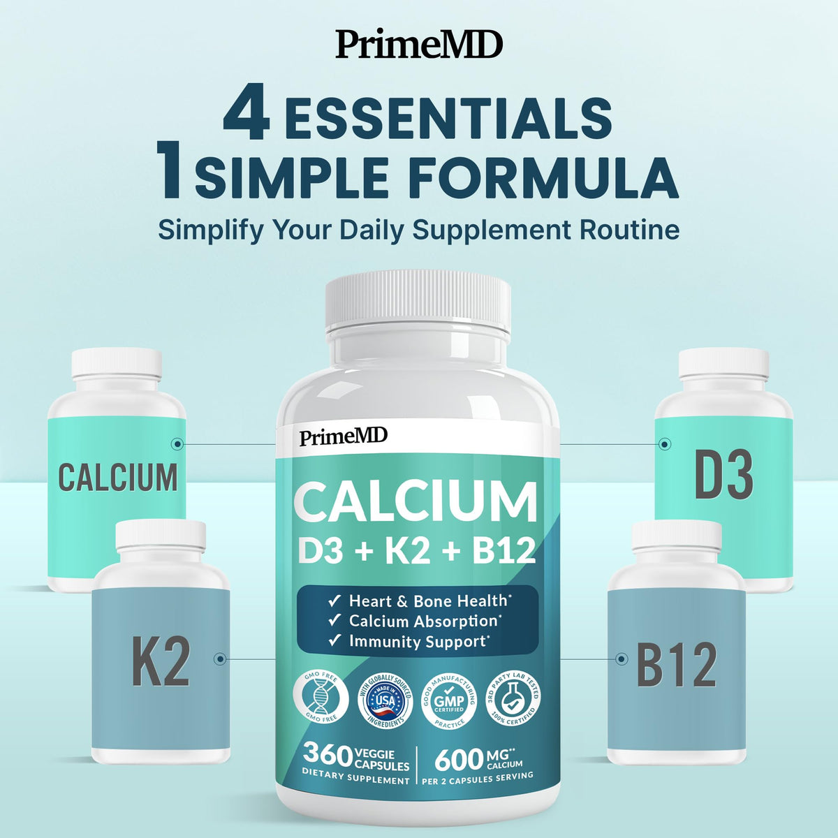 PrimeMD Compléments Alimentaires Calcium 600mg D3 K2 360 Capsules - étiquette