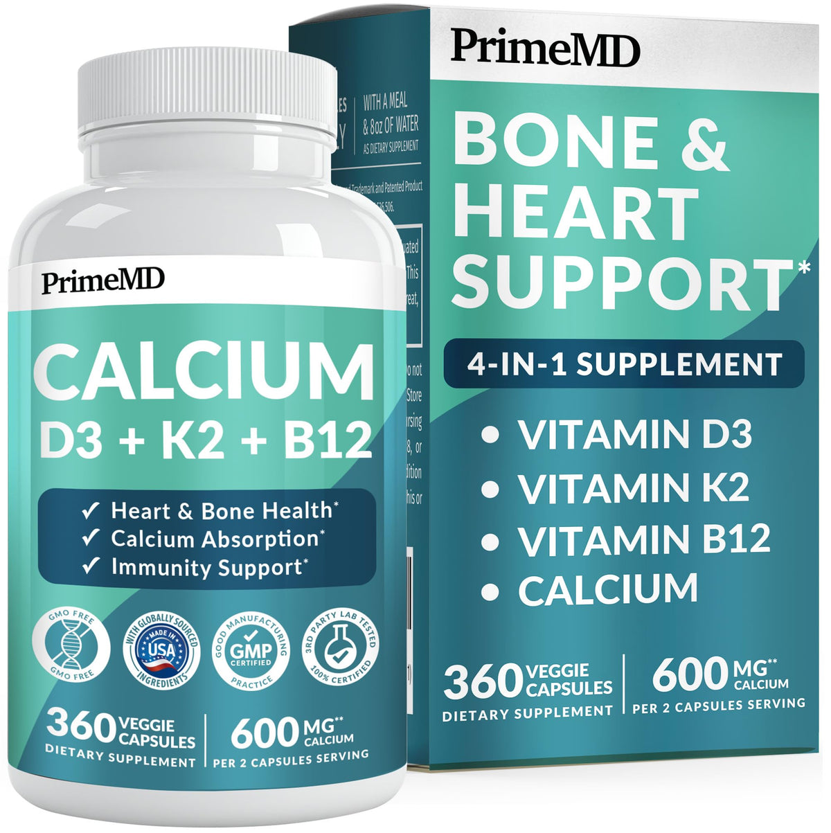 PrimeMD Compléments Alimentaires Calcium 600mg D3 K2 360 Capsules - vue avant