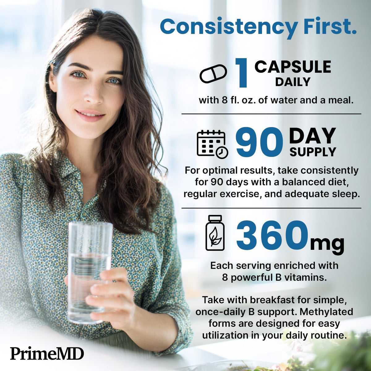 PrimeMD complexe de vitamines B méthylé avec verre d'eau