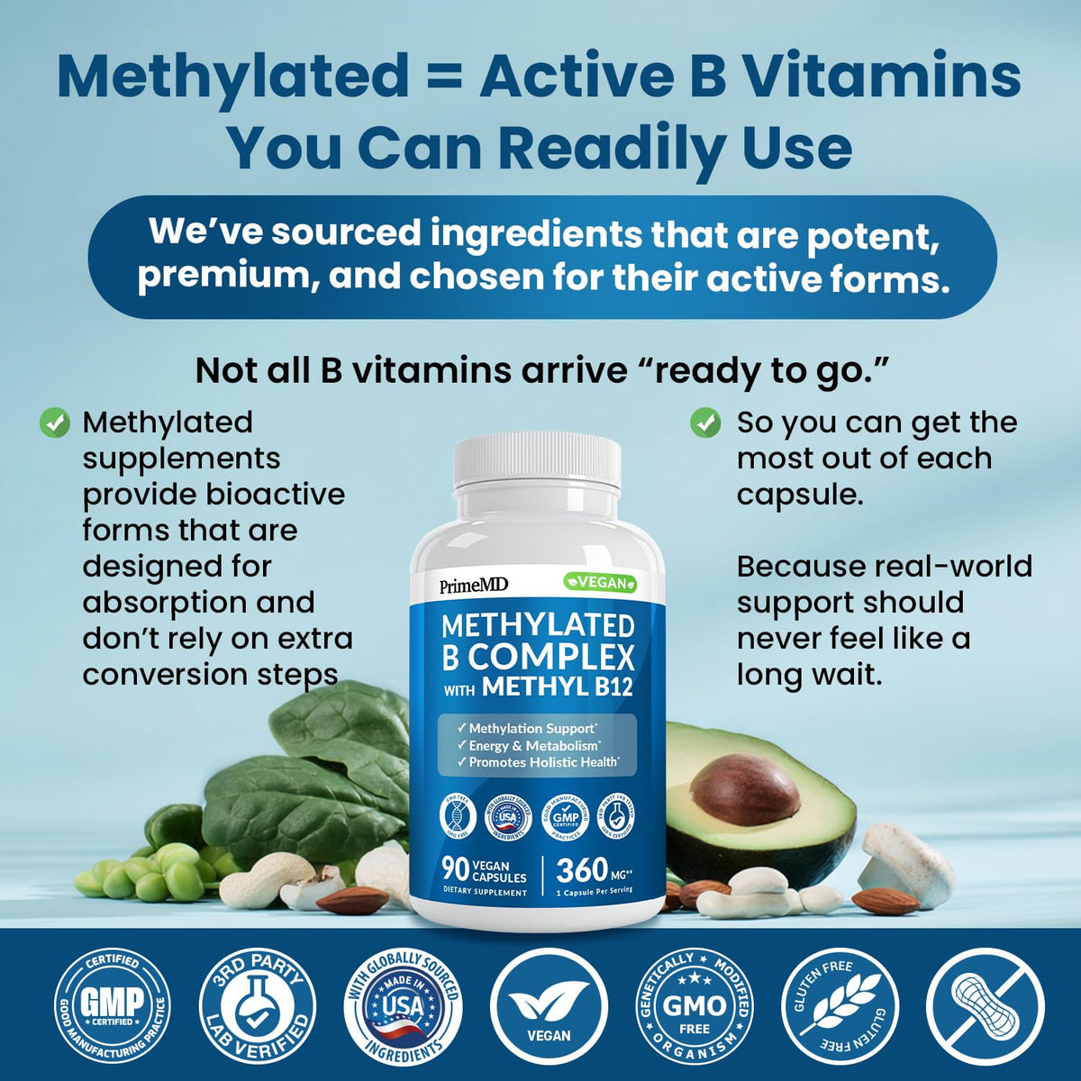 PrimeMD complexe de vitamines B méthylé flacon ouvert avec capsules