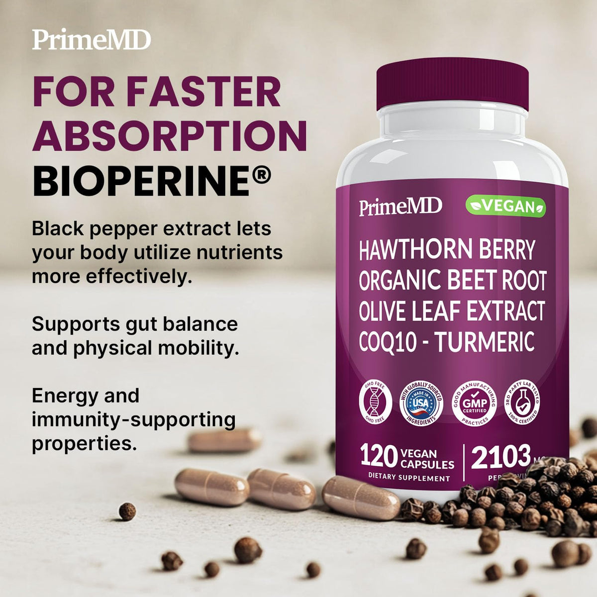 PrimeMD CoQ10 100mg gélules avec un verre d'eau