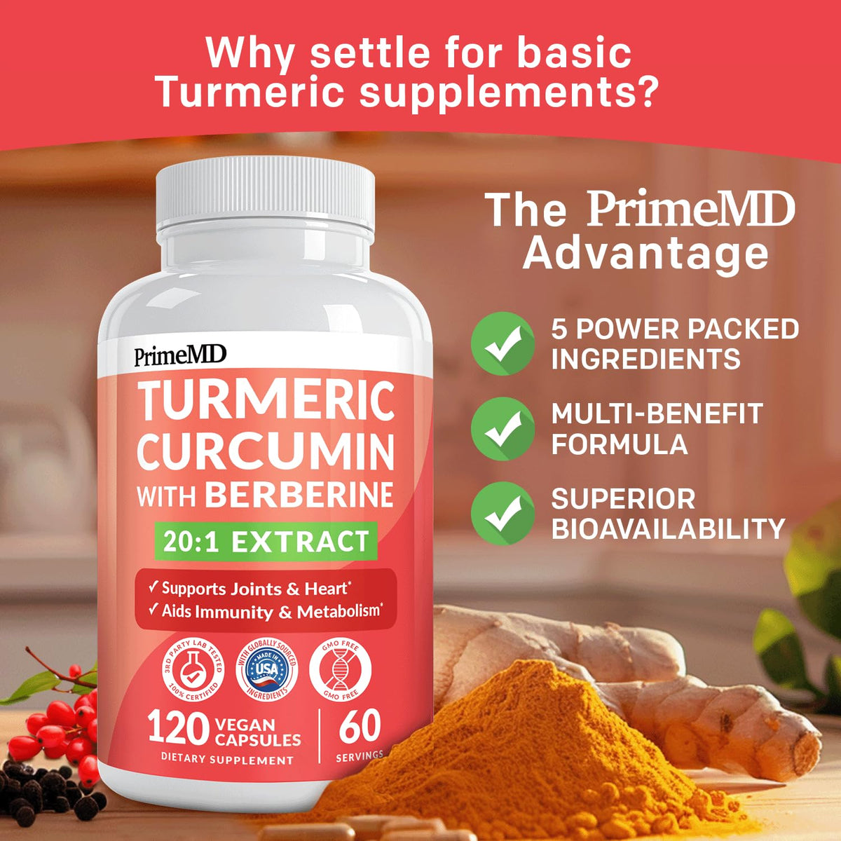 PrimeMD Curcuma 5-en-1 sur une table avec des ingrédients naturels