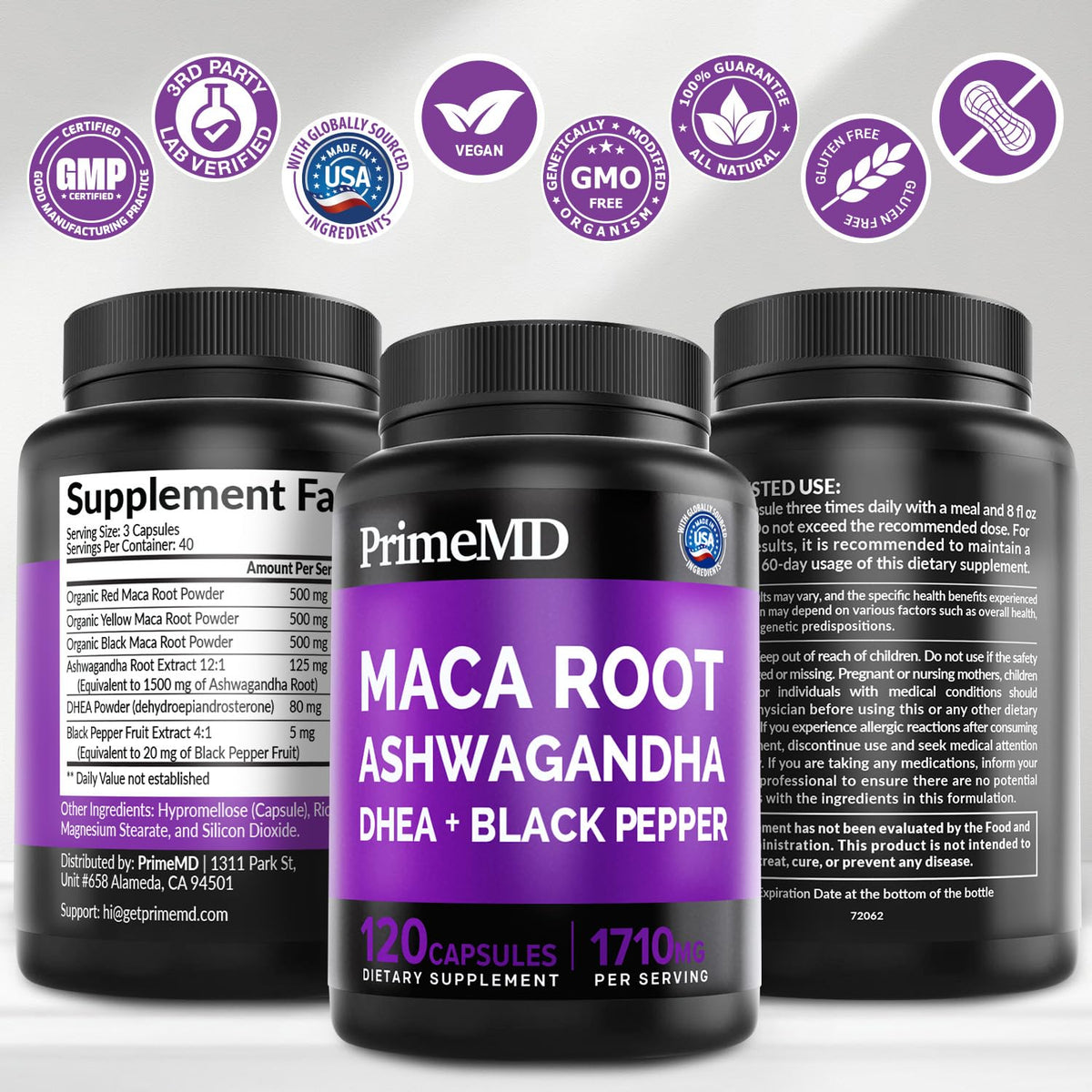 PrimeMD Maca 1710mg capsules on a kitchen counter