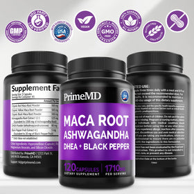 PrimeMD Maca 1710mg capsules on a kitchen counter