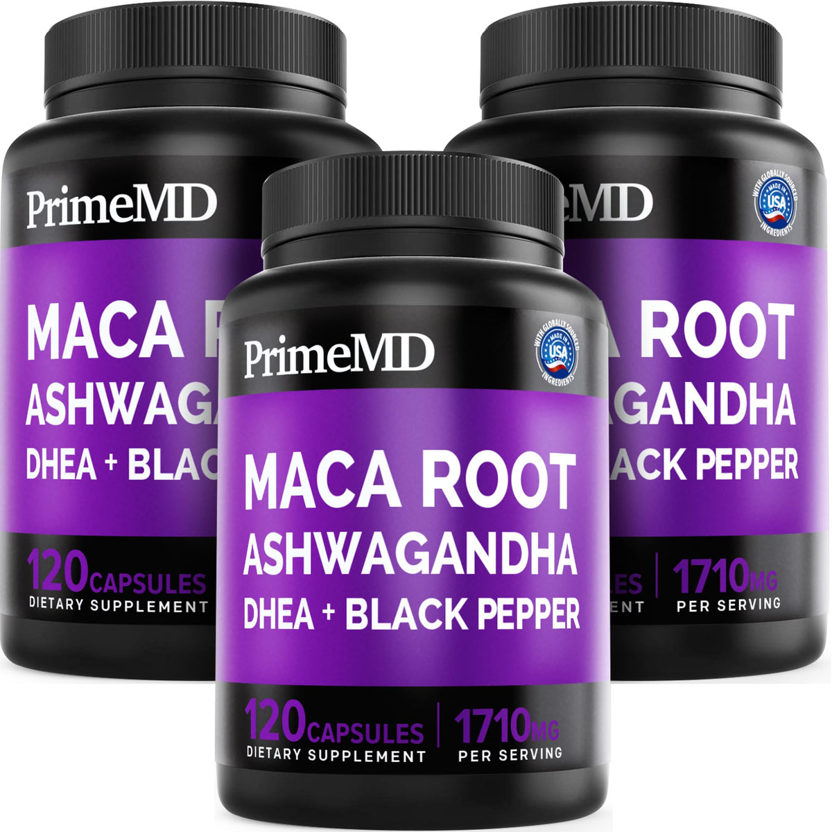 PrimeMD Maca Racine Ashwagandha 1710mg DHEA 120 gélules vue de face
