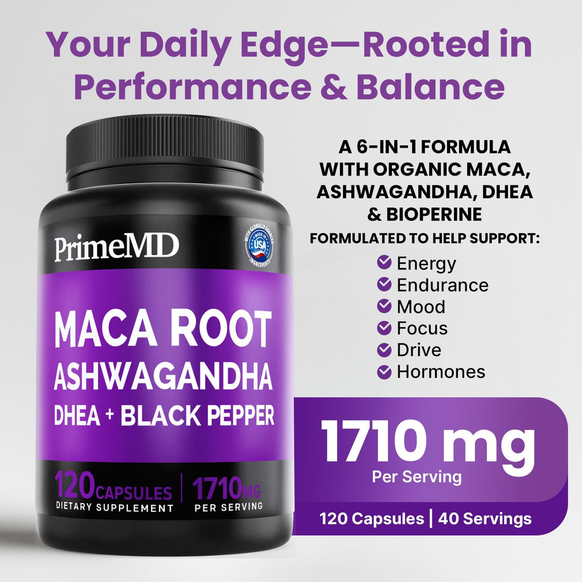 PrimeMD Maca Root Ashwagandha 1710mg 120 capsules side view