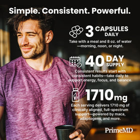 PrimeMD Maca Root Ashwagandha 1710mg 120 capsules with measuring spoon