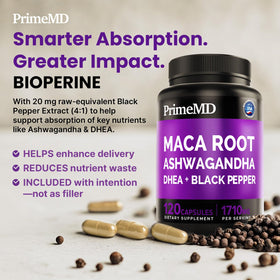 PrimeMD Maca Root Ashwagandha capsules in a natural setting