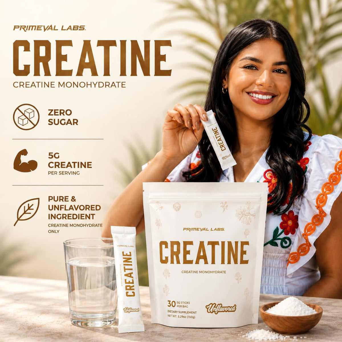 Primeval Labs Poudre de Créatine Monohydrate 168g dosage dans une cuillère