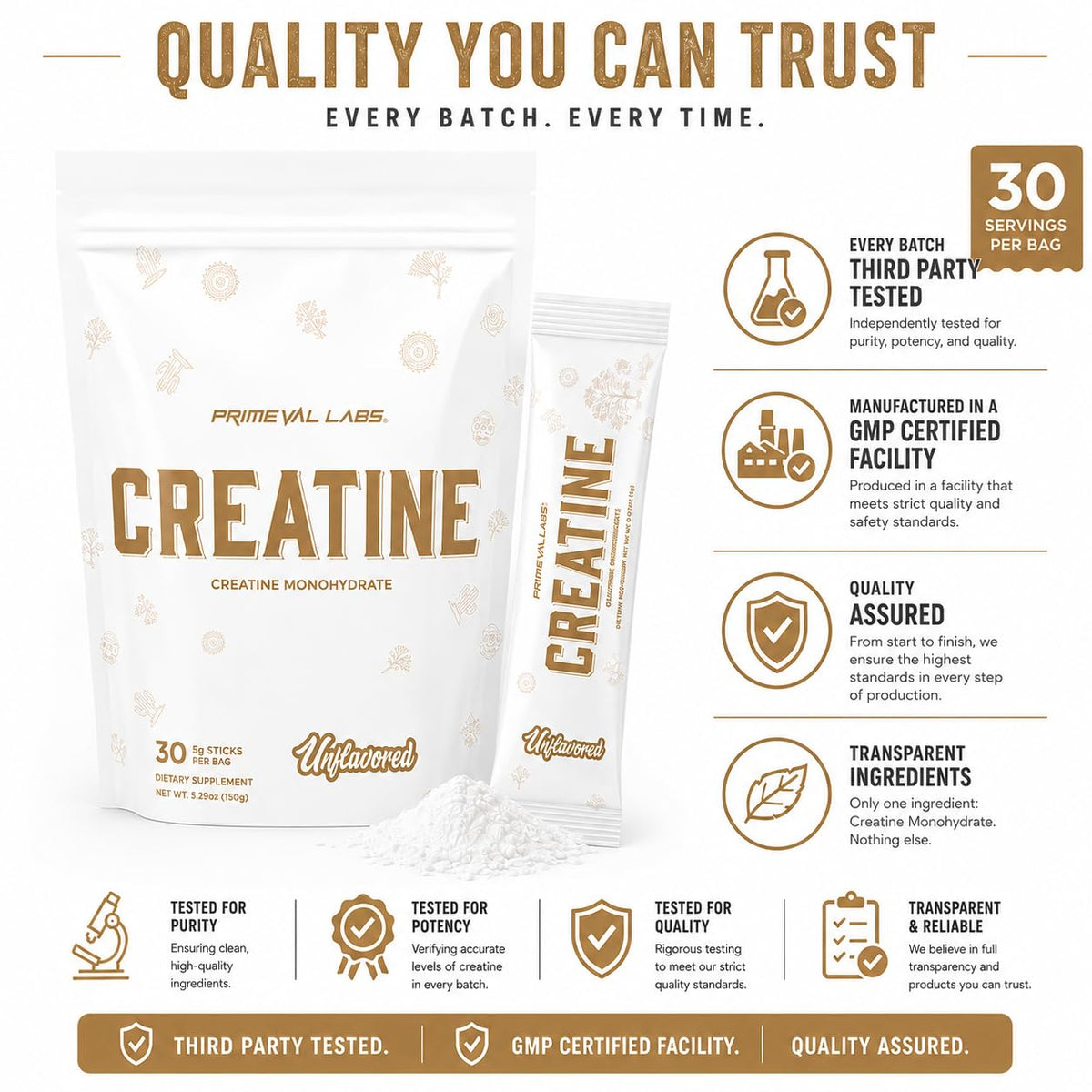 Primeval Labs Poudre de Créatine Monohydrate 168g sur une table de gym