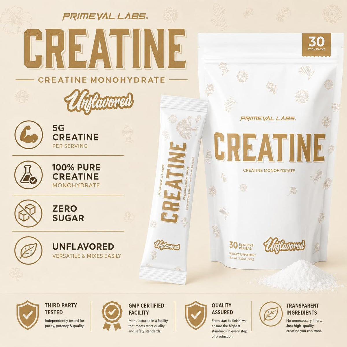 Primeval Labs Poudre de Créatine Monohydrate 168g vue de côté