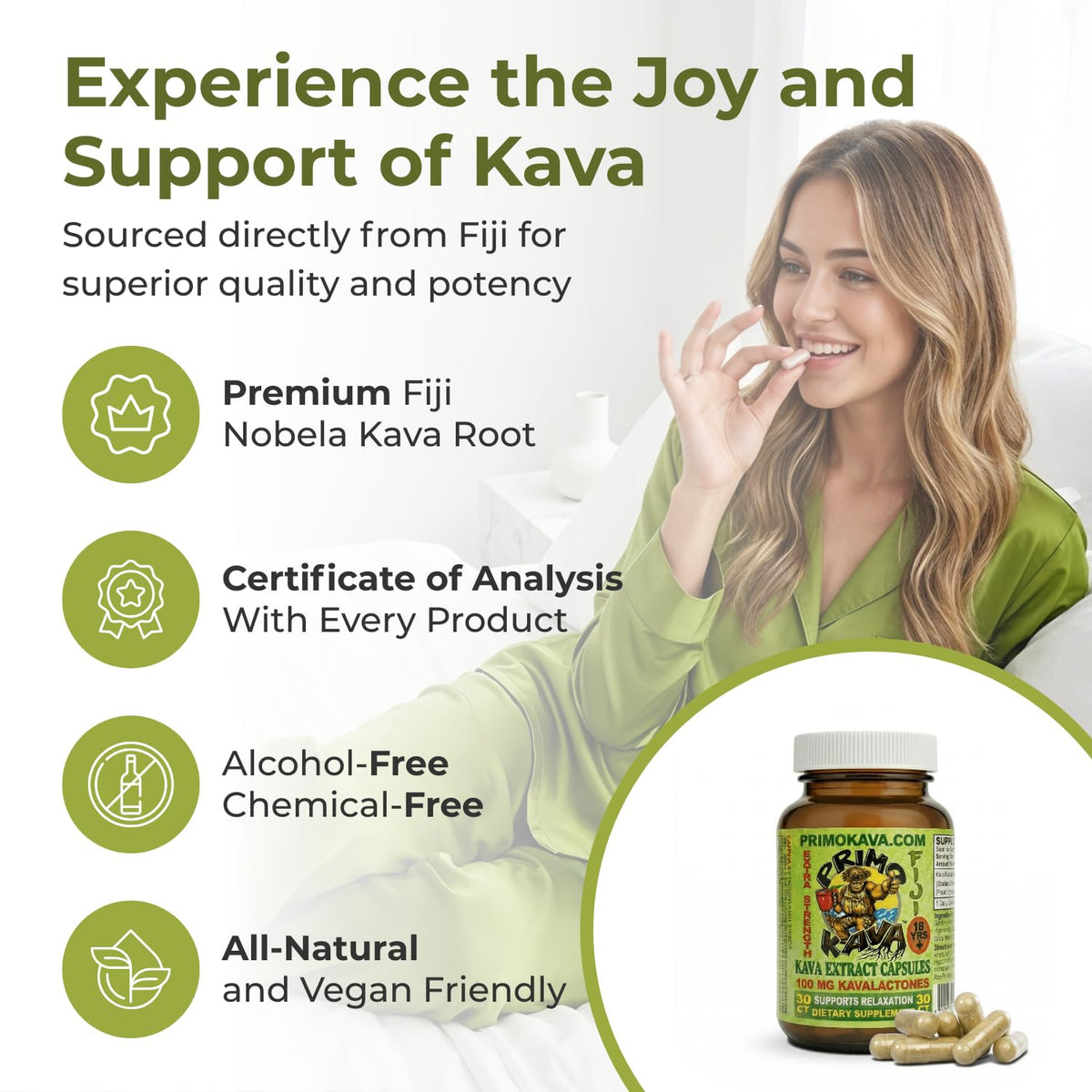 PRIMO KAVA Capsules de Kava Kava 100mg - Flacon avec fond blanc