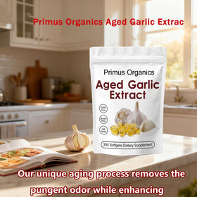 Primus Organics Extrait d'Ail Vieilli sur une table en bois