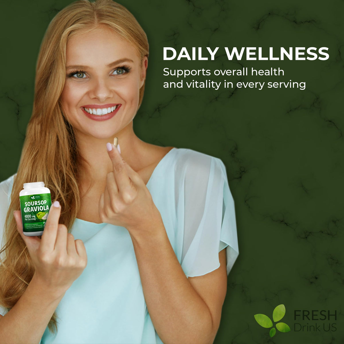 Prise de capsules de Graviola FRESHDRINKUS avec des mains