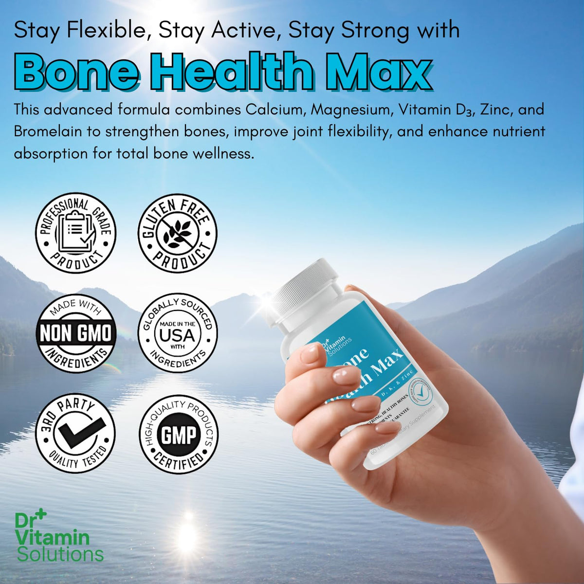 Prise de comprimés de Bone Health Max avec un verre d'eau