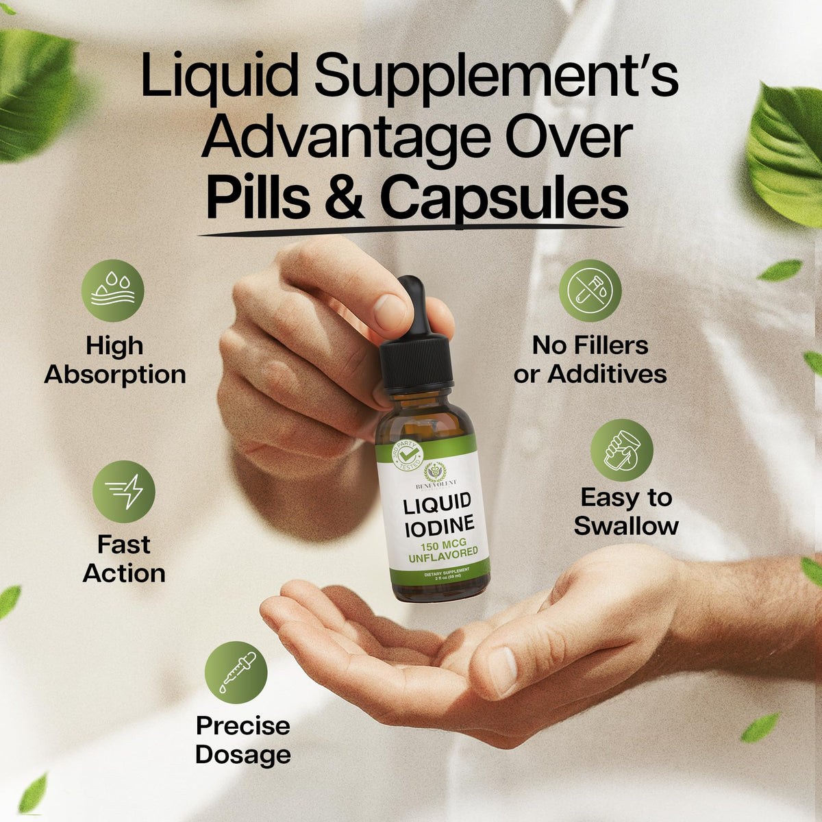 Prise de gouttes d'iode liquide Benevolent Nourishment sous la langue