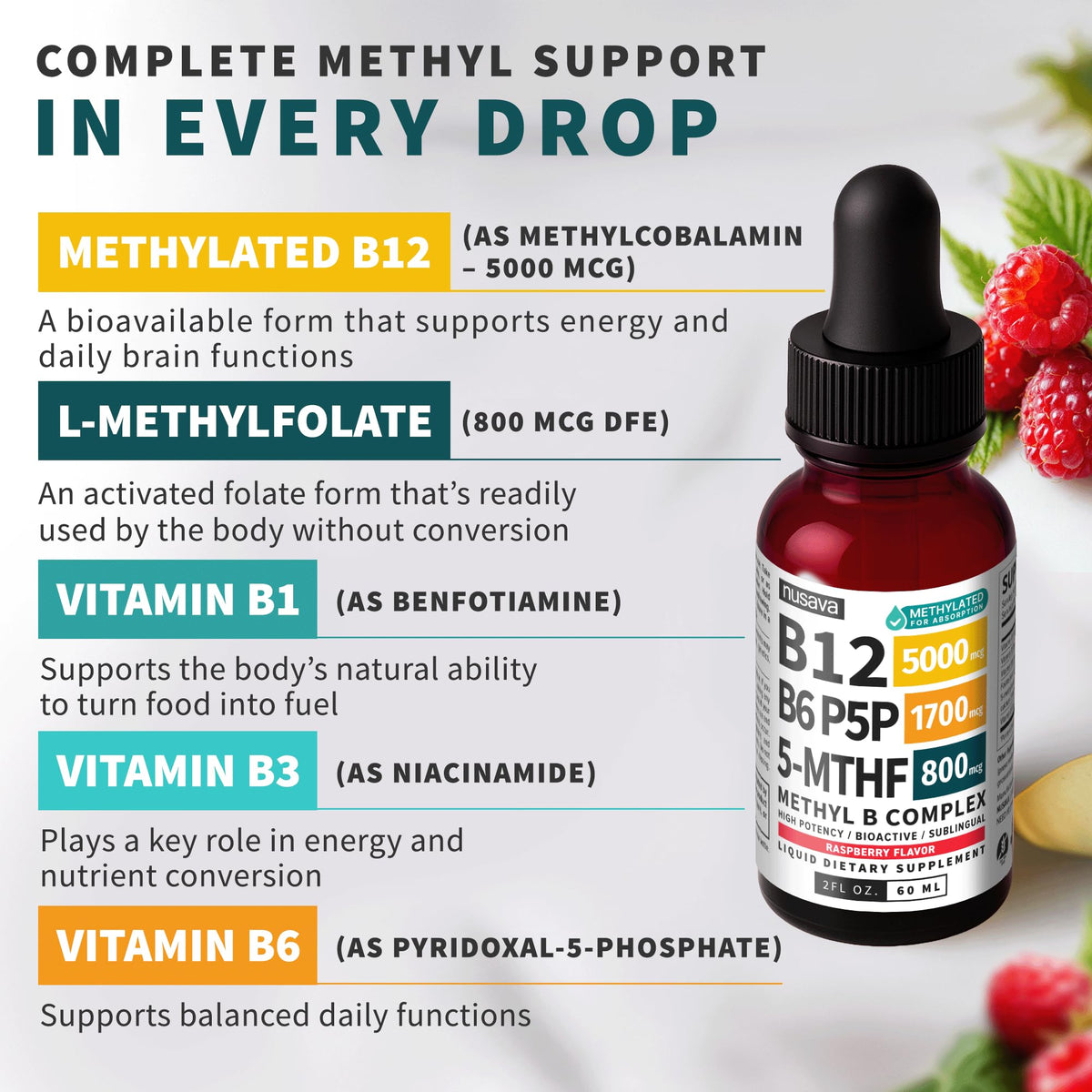 Prise de gouttes liquides NUSAVA de vitamine B12, flacon à la main