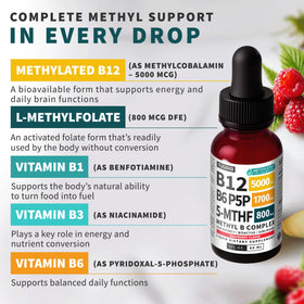 Prise de gouttes liquides NUSAVA de vitamine B12, flacon à la main