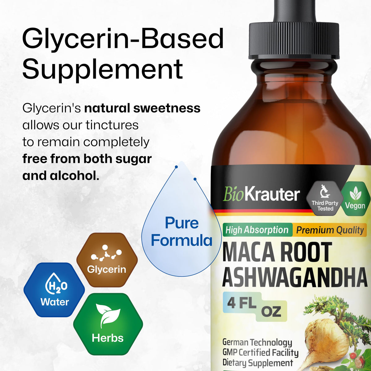 Prise de quelques gouttes de BIO KRAUTER Maca et Ashwagandha dans un verre