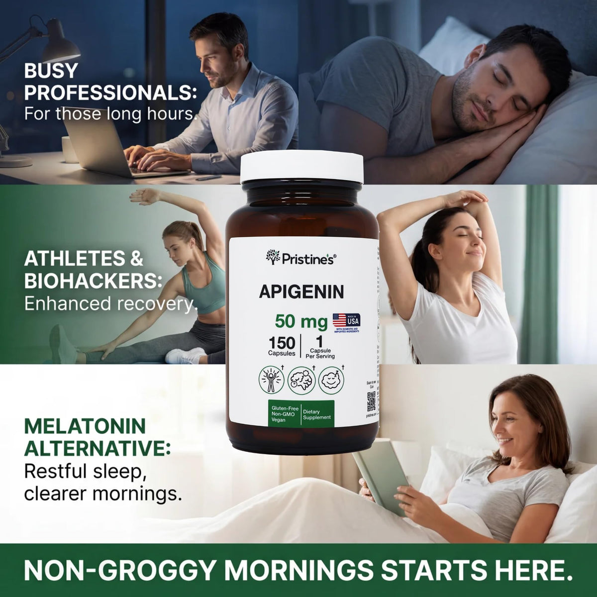 PRISTINE'S Apigenin 50mg capsules avec main tenant le flacon