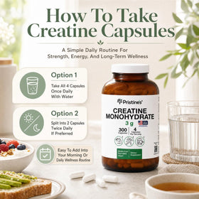 PRISTINE'S Créatine Monohydrate 3000MG capsules on a gym bench