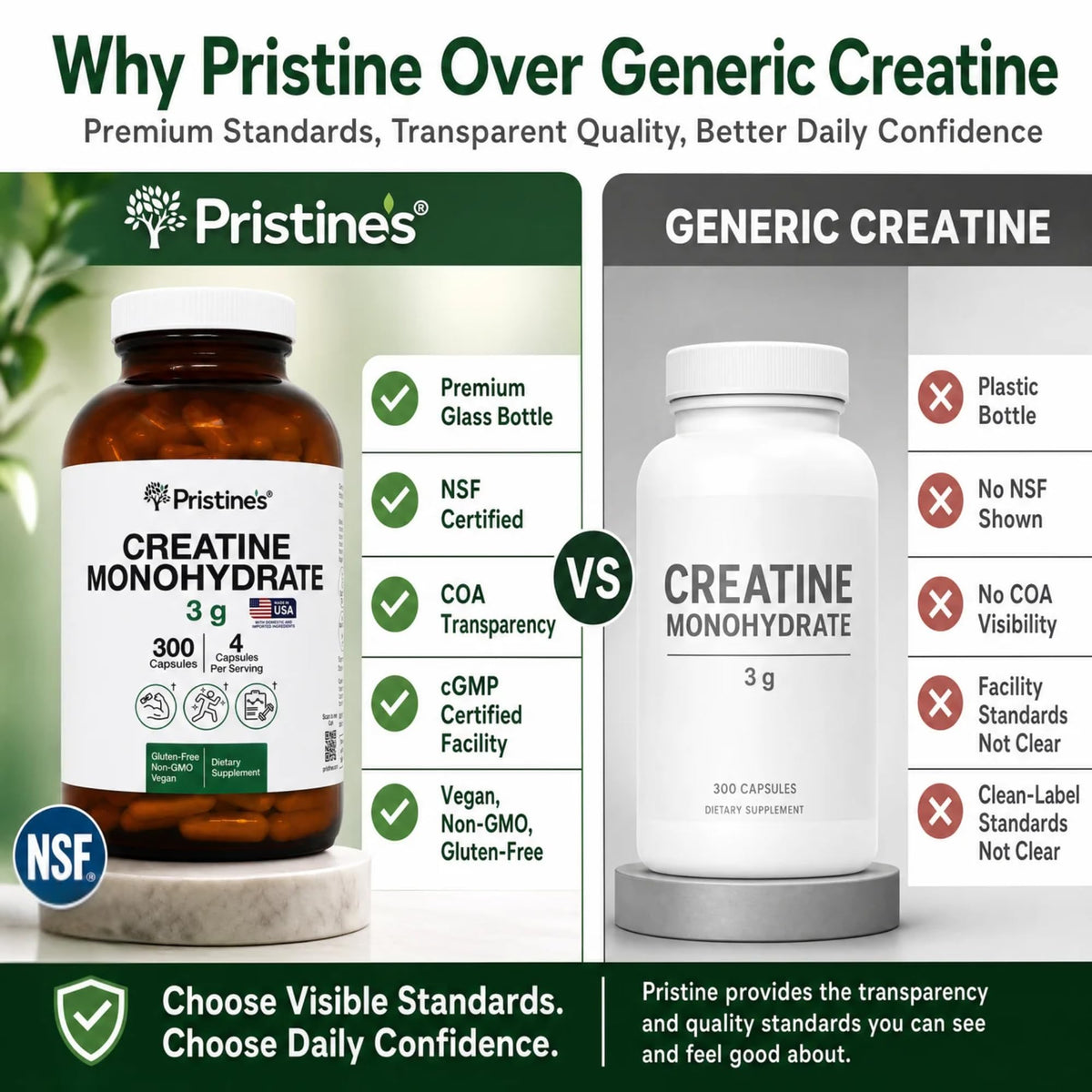 PRISTINE'S Créatine Monohydrate 3000MG capsules open bottle