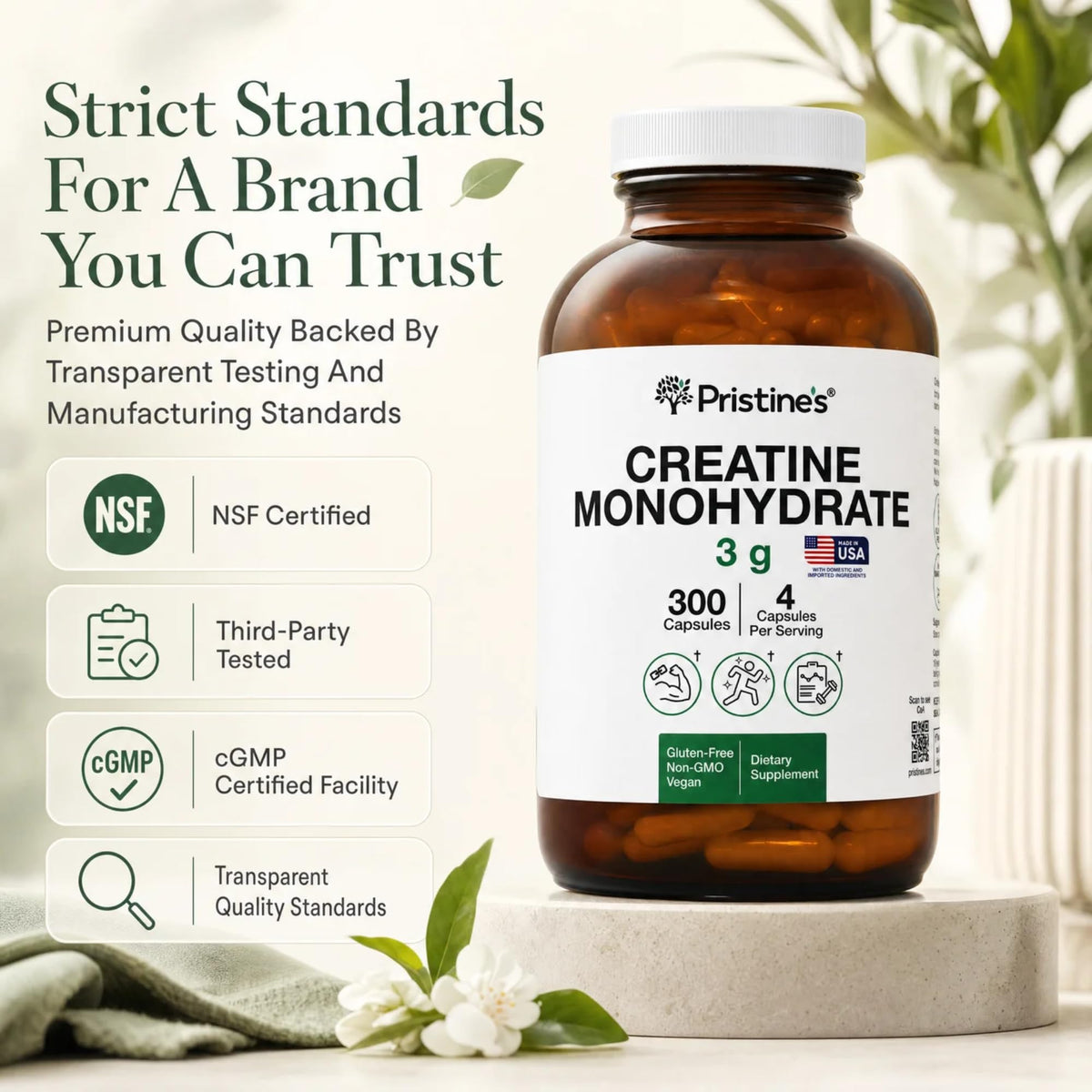 PRISTINE'S Créatine Monohydrate 3000MG capsules side view