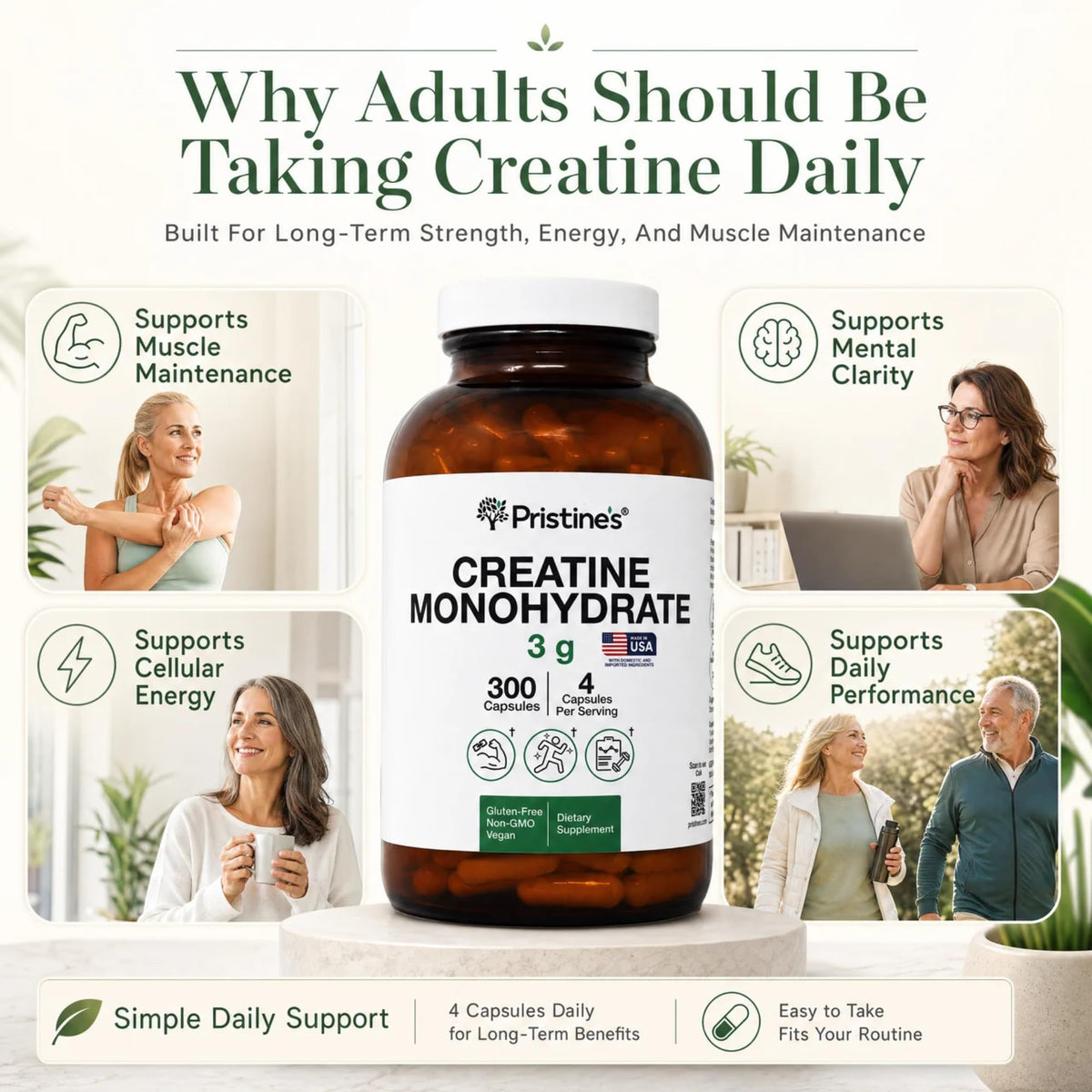 PRISTINE'S Créatine Monohydrate 3000MG capsules with measuring scoop
