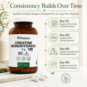 PRISTINE'S Créatine Monohydrate 3000MG capsules with water bottle