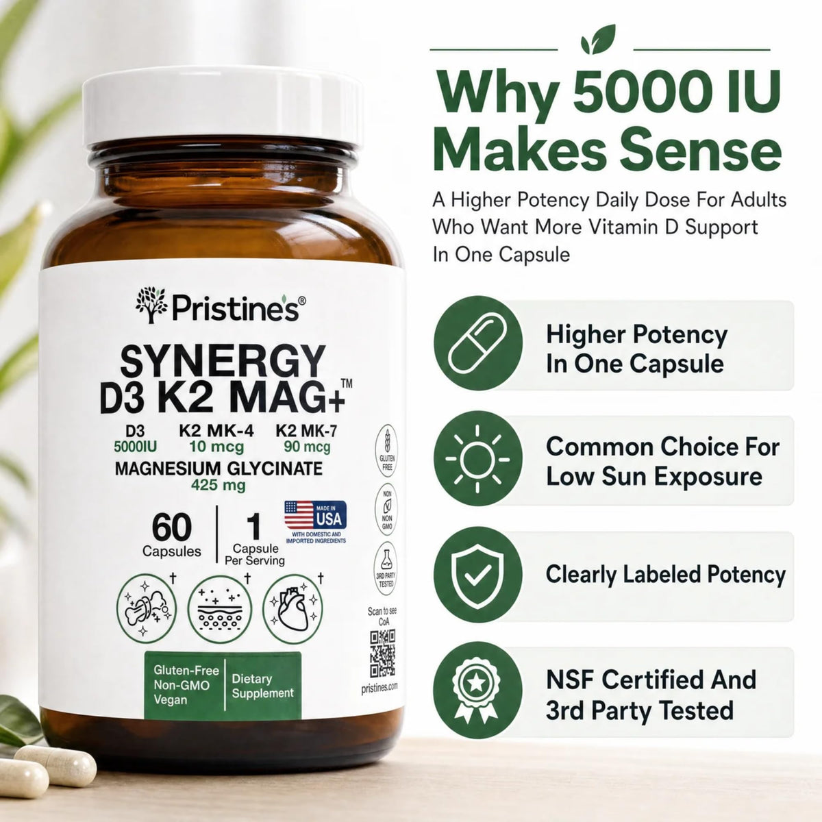 PRISTINE'S D3 K2 5000 IU avec Magnésium capsules sur une table