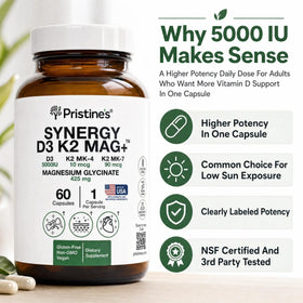 PRISTINE'S D3 K2 5000 IU avec Magnésium capsules sur une table