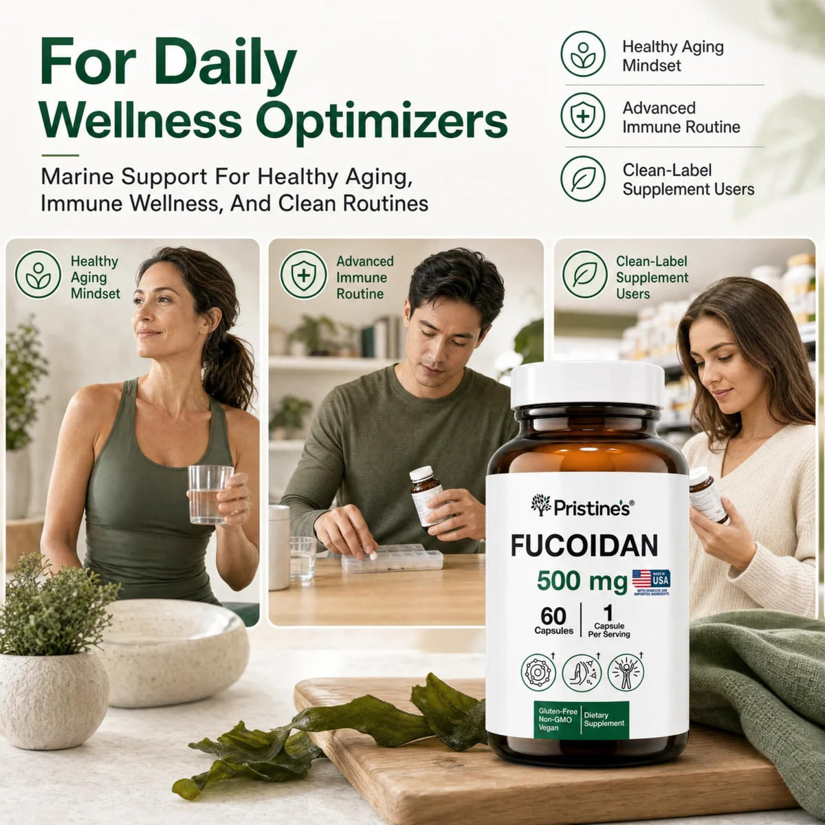 PRISTINE'S Fucoidan capsules in a hand